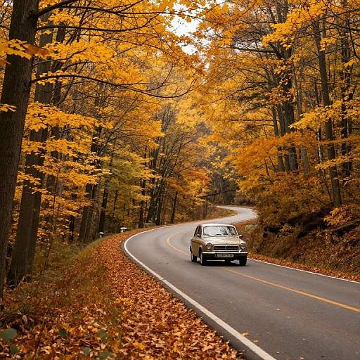 Photograph of a vintage beige car driving on a winding road through a forest with vibrant orange and yellow autumn leaves.