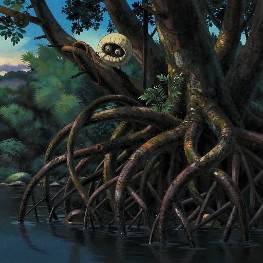 Digital painting of a mystical tree with thick, twisted roots in a dark, dense jungle, illuminated by a glowing, cyclopean eye. Water reflects