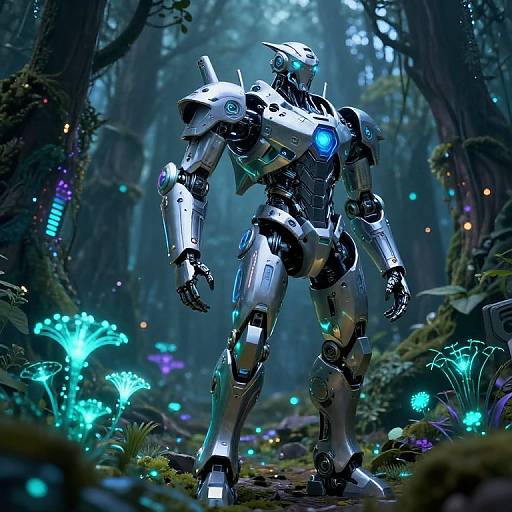 CGI image of a glowing, silver robotic warrior standing in a mystical, bioluminescent forest with neon mushrooms and enchanted plants.