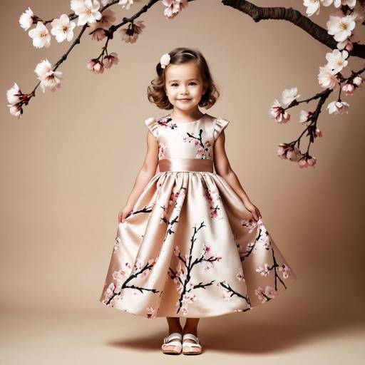 Little Girl in Floral Dress with Cherry Blossom