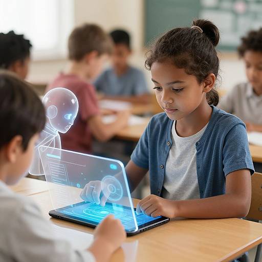 Diverse Child Interacts with AI Assistant