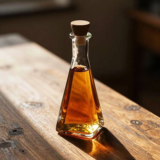 Photograph of a glass bottle with amber liquid and a cork stopper, placed on a sunlit wooden table, casting a warm glow.