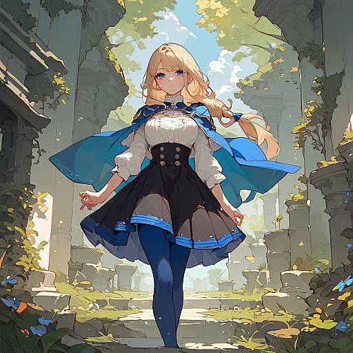Digital anime-style illustration of a blonde woman with blue eyes, wearing a white blouse, blue cape, black skirt, and blue stockings, standing in a