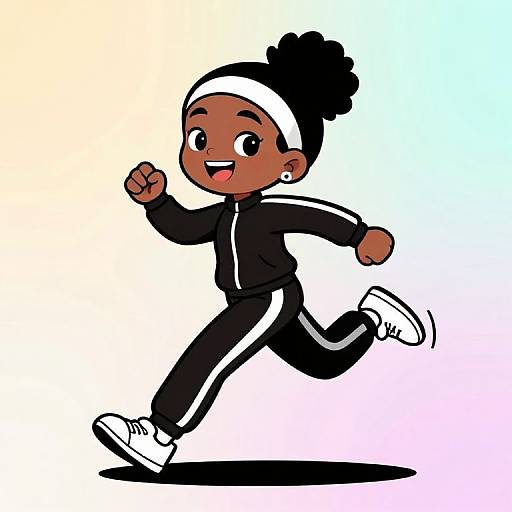 Cartoon of a joyful, dark-skinned girl with a bun, wearing a black and white track suit, running against a gradient background.