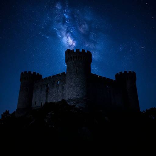 Silhouetted medieval castle under a vivid, star-filled night sky with the Milky Way prominently visible. Dark blue tones dominate. Photographic image.