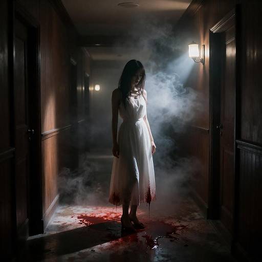 Eerie Woman in Smoke-Filled Hallway