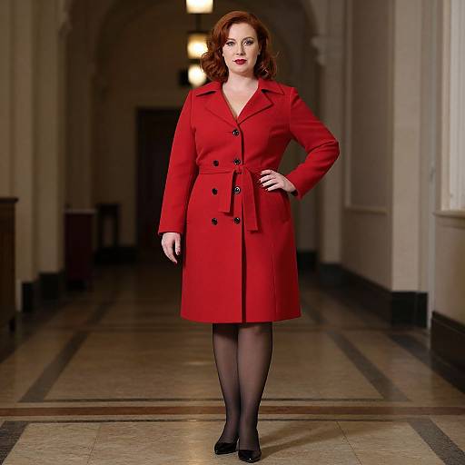 Photograph of a confident woman with red hair, wearing a vibrant red coat, black tights, and black shoes, walking down a dimly lit