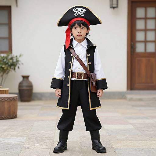 Photograph of a young boy in a pirate costume with a black tricorn hat, white shirt, black vest, and pants, standing on a stone