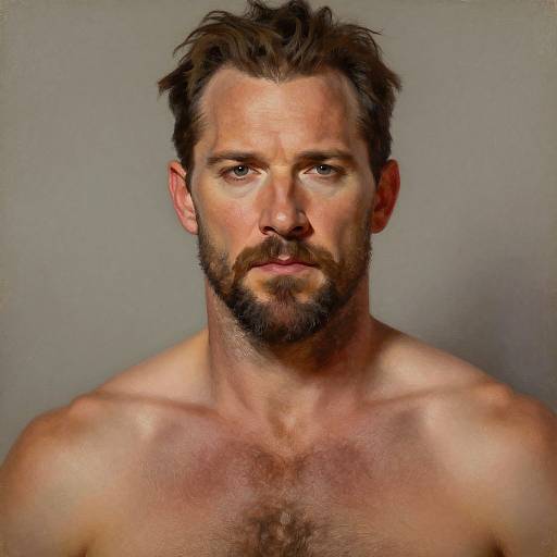 Photorealistic digital portrait of a muscular, shirtless man with short brown hair, beard, and intense blue eyes, against a plain gray background.