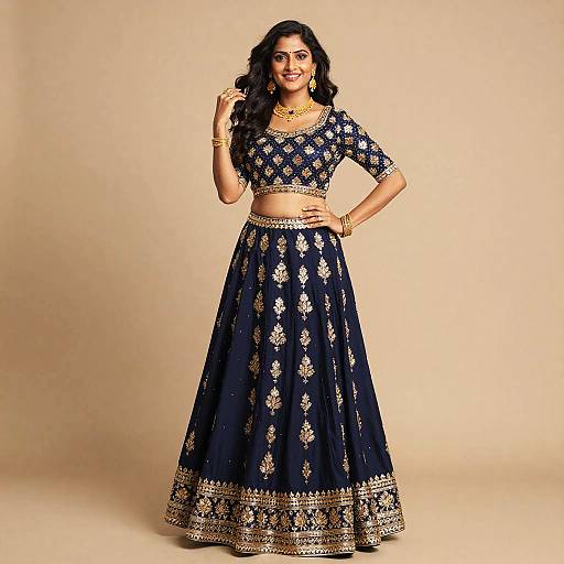 Photograph of a smiling Indian woman with dark hair, wearing a navy blue, gold-embroidered lehenga and crop top, against a beige