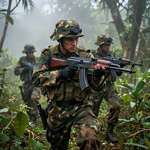 Photograph of three soldiers in camouflage uniforms and helmets, armed with rifles, crouching in a dense, misty jungle.
