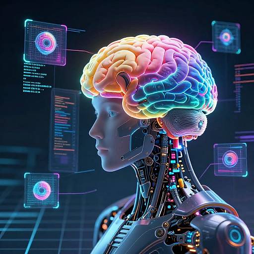 Digital art of a neon-lit, cybernetic human head with colorful, glowing brain, surrounded by holographic interface icons in a dark, grid