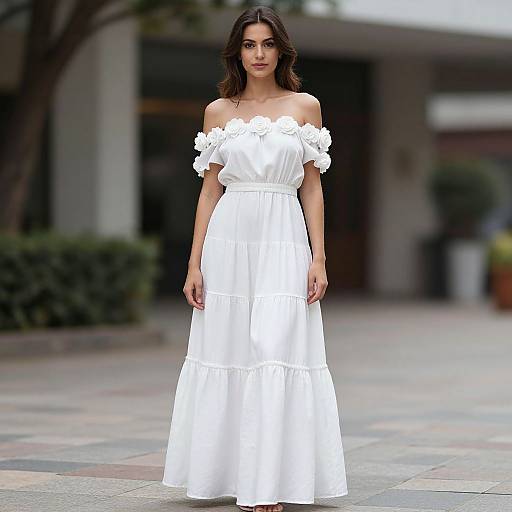 Photograph of a young woman with long brown hair, wearing an off-shoulder white floral dress, standing on a paved urban street.