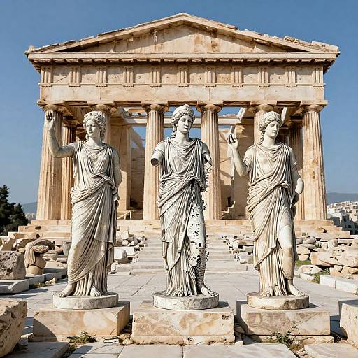 Photograph of three ancient Greek marble statues in front of a partially ruined temple with Ionic columns under a clear blue sky.