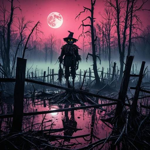 Haunting Moonlit Swamp with Scarecrow