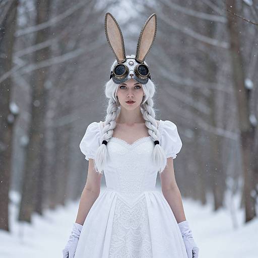 Photograph of a pale-skinned woman in a white dress and rabbit ears, with braided hair, steampunk goggles, and gloves, standing
