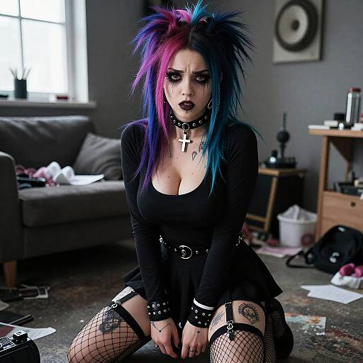 Photograph of a goth woman with purple and blue spiky hair, black choker, cross necklace, black top, fishnet stockings, kneeling