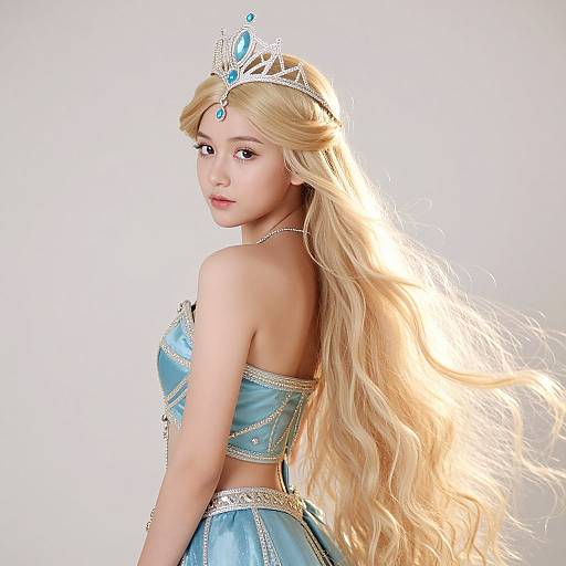 Photograph of a young blonde woman with long, wavy hair, wearing a blue strapless tiara dress, silver crown, and blue gemstone