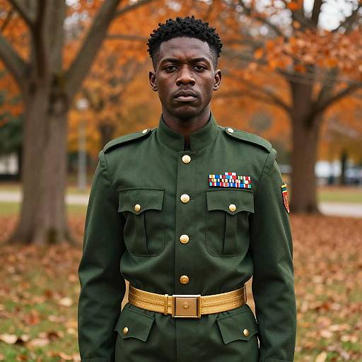 Photograph of a Black male soldier with short curly hair, wearing a dark green military uniform with gold belt and medals, standing in an autumnal park