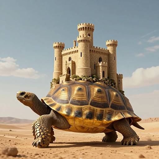 CGI image of a giant tortoise with a golden shell standing in front of a medieval stone castle in a desert.