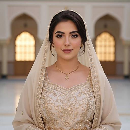Photograph of a beautiful South Asian woman with dark hair, wearing an ornate cream traditional dress and veil, gold necklace, and earrings, standing in