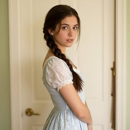 Photograph of a young woman with fair skin, dark brown braided hair, wearing a white lace, short-sleeved, light blue dress,