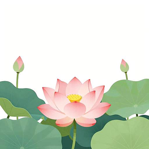 Digital illustration of a pink lotus flower with yellow center, surrounded by green lily pads and two bud stems, against a white background.