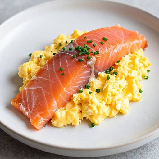 Photograph of a plate with bright orange salmon slices on top of creamy yellow mashed potatoes, garnished with green chives.