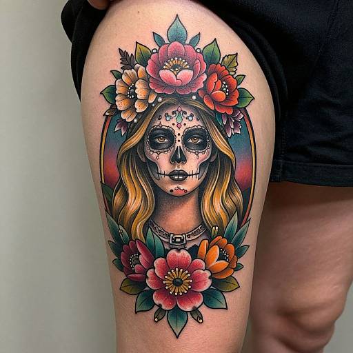 Vibrant tattoo of a Day of the Dead skull woman with long blonde hair, flower crown, and necklace, surrounded by colorful flowers, on a