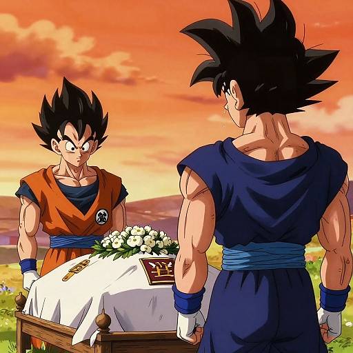 Digital anime-style drawing of two muscular, spiky-haired warriors in orange and blue outfits, standing before a white-clothed coffin with flowers, under