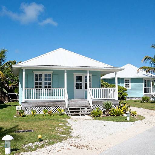 Photograph of a bright blue, single-story, Caribbean-style house with white trim, porch, and steps, surrounded by green grass and palm trees under