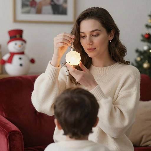 Woman Holding Glowing Christmas Ornament