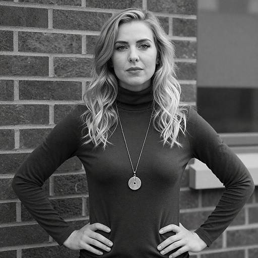 Confident Blonde Portrait by Brick Window