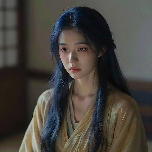 Soft Anime Portrait of Indigo-Haired Woman