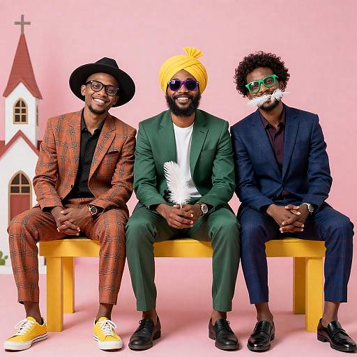 Three stylish men sitting on yellow bench with pink background