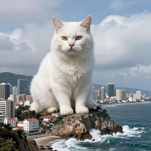 Photograph of a giant, white cat with piercing blue eyes sitting on a rocky cliff overlooking a coastal cityscape and ocean.