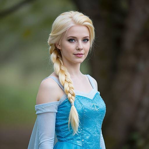 Photograph of a blonde woman with a long braid, wearing an off-shoulder, blue, sparkly Elsa dress, standing in a forest