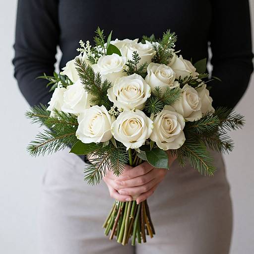 Photograph of a person in a black long-sleeve shirt and gray skirt, holding a bouquet of white roses and green pine needles against a white