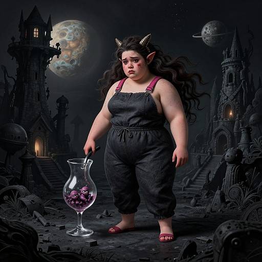 Fantasy photograph of a plus-sized, dark-haired, elf woman with horns, wearing black overalls and pink sandals, holding a glass vase with purple