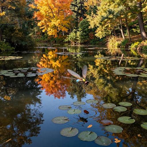 Photograph of a tranquil pond with vibrant autumn leaves reflected in the water, lily pads floating, and a duck swimming.