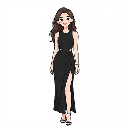 Digital illustration of a young woman with long brown hair, wearing a sleeveless black dress with a high slit, standing confidently against a white background, smiling