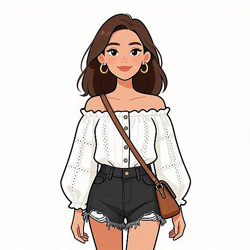 Digital illustration of a smiling young woman with brown hair, wearing a white off-shoulder blouse, black high-waisted shorts, and gold hoop