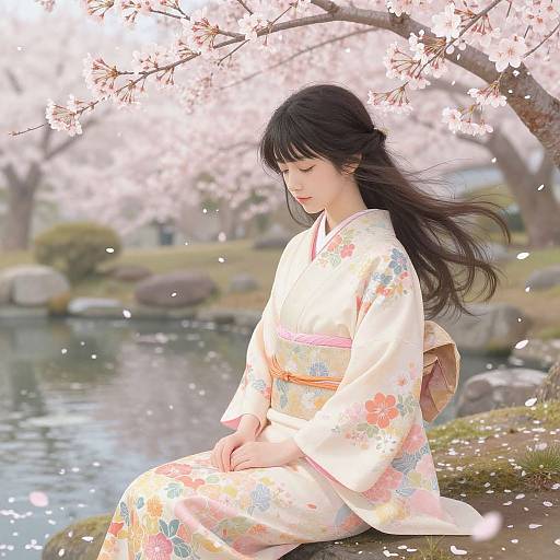 Serene Woman by Cherry Blossom Pond