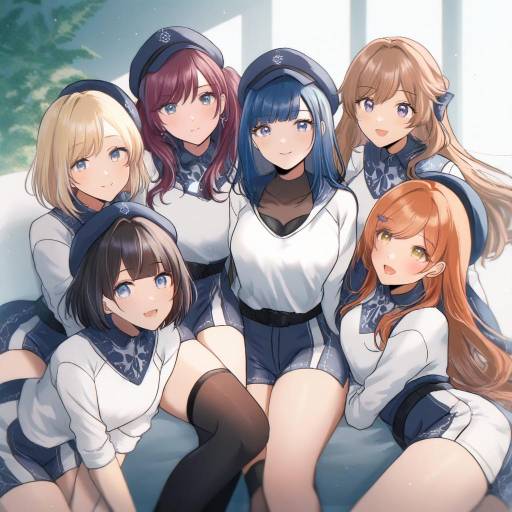 Six Anime Girls in Blue and White Outfits