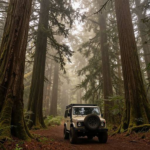 Photograph of a white off-road Jeep with a spare tire on the front, parked on a forest trail surrounded by tall, misty redwood trees