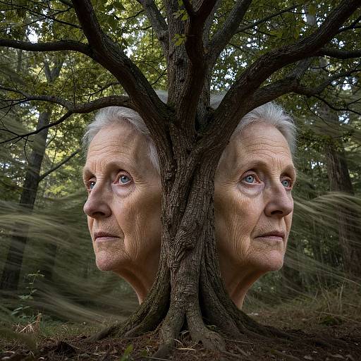 Photograph of an elderly man's mirrored face behind a tree, with forest background and motion-blurred leaves, capturing a surreal effect.