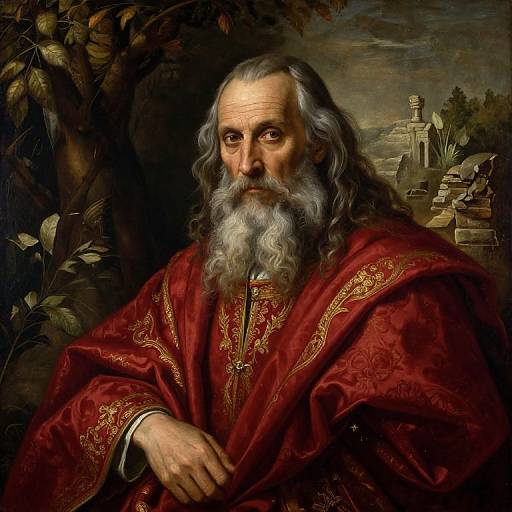 Digital artwork of an elderly, wise-looking man with a long white beard, wearing a rich red robe with gold embroidery, set against a dark, classical