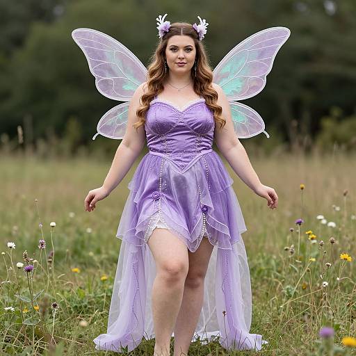 Photograph of a curvy woman with long brown hair, wearing a lavender fairy dress, translucent wings, and flower headpiece, walking in a grass