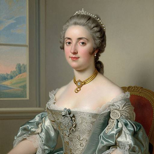 18th-century portrait of a fair-skinned woman with powdered hair, wearing a silver lace gown, gold necklace, and tiara, seated by a