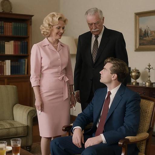 Mid-Century Family Conversation in Living Room